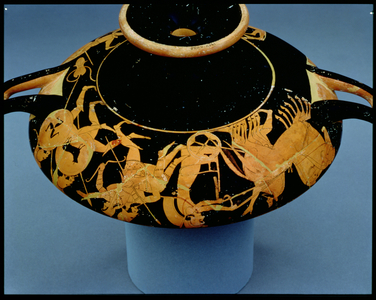 Attic red-figure cup decorated with a charioteer and warriors, by Oltos, c.510 BC (ceramic)