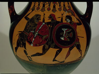 Attic black-figure amphora decorated with a scene of Heracles dressed in a lion skin fighting Cycnus, c.540 BC (ceramic)
