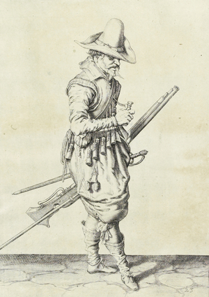 Musketeer, illustration from 'The Handling of Arms, Arquebuses, Muskets and Pikes', 1608 (engraving)