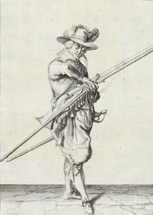 Musketeer, illustration from 'The Handling of Arms, Arquebuses, Muskets and Pikes', 1608 (engraving)