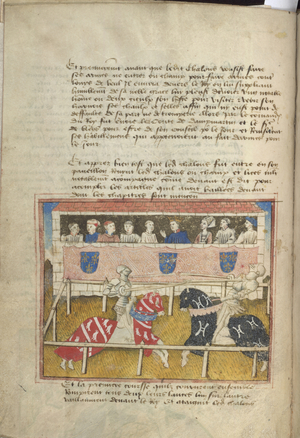 Manuscript showing a joust between Jean Chalons and Loys de Beul at Tours in 1446, mid 15th century (pen & ink and tempera on vellum)
