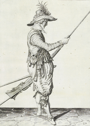 Musketeer, illustration from 'The Handling of Arms, Arquebuses, Muskets and Pikes', 1608 (engraving)
