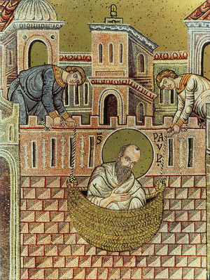 St. Paul escapes Damascus in a basket, 12th-13th century (mosaic)