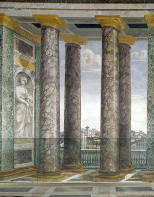 Art mannierism. Salon of the perspective of Villa Farnesina in Rome. Column of architecture and view of the city of Rome in trompe l'oeil. Painting by Baldassarre Peruzzi (1481-1537), 1517-1518. Fresco