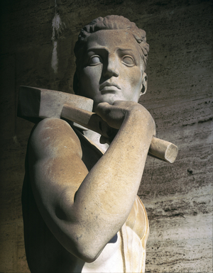 Sculpture representing the allegory of work. Palazzo della Civilta del Lavoro, EUR quarter, Rome. Architecture of the fascist era by Angolo Bruno La Padula (or Lapadula) and Mario Romano, 1938-1943.
