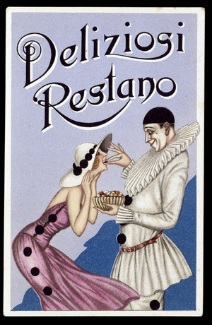 Advertising for delicacies Deliziosi Restano with a man in a pierrot costume, 1930.