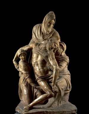 Pieta Bandini or “Pieta with the Four Figures”. Saint Mary Magdalen, Saint Nicodema and the Virgin Mary around the body of Jesus Christ. Renaissance sculpture by Michelangelo Buonarroti called Michel Ange (Michelangelo or Michelangelo, 1475-1564), 1547-1553. Museo dell'Opera del Duomo, Florence.