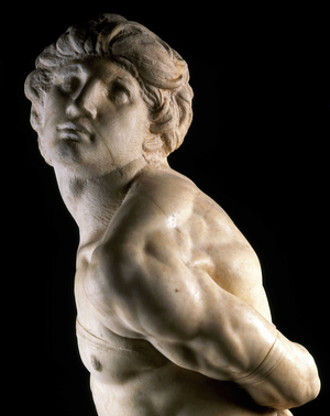 Captive, says the dying slave (detail), 1513-1514. Sculpture of the Renaissance by Michelangelo Buonarroti called Michelangelo (Michelangelo or Michelangelo, 1475 - 1564). Musee du Louvre, Paris.