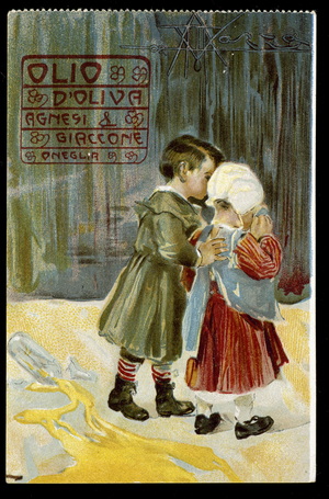Italian advertisement for the oil of Olive Agnesi and Giacccone, 1914 showing two young children whose sad daughter crying because she just broke the bottle of oil and her brother trying to consolate her.
