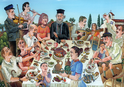 Feast for a Name Day, Crete, 2003 (glass painting)
