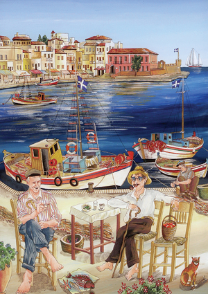 Fishermen in Chania Harbour, 2004 (glass painting)