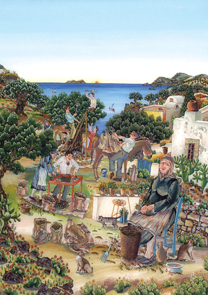 Harvesting the Olives, Crete, 2008 (glass painting)