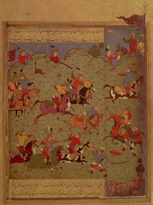 Codrington MS (No.249A). A battle scene, from the 'Iskandar-nama' by Nizami, c.1525 (w/c, ink and gold on paper)