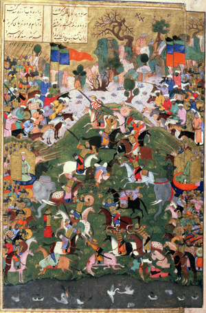 The Origin of Chess: Battle Between Gaw and Talhand, illustration from the 'Shahnama' (Book of Kings), by Abu'l-Qasim Manur Firdawsi (c.934-c.1020) c.1440-45 (pen, ink & w/c on vellum)