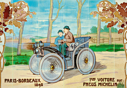 Edouard and Andre Michelin driving L'Eclair, the first car to run on pneumatic tyres, in the Paris to Bordeaux car race of 1895: ceramic tiles manufactured by Gilardoni Fils et Cie of Paris, after a drawing by Ernest Montaut (1878-1909), 1908-10