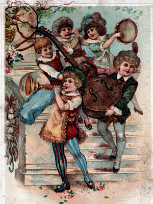 Group of children musicians playing trumpet, tambourine and cello. Chromolithography (Chromo engraving). Private collection.