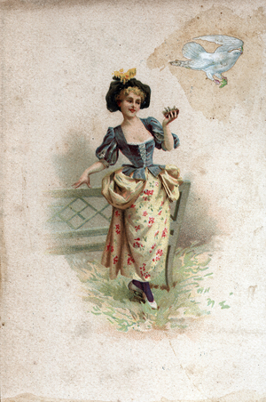 Portrait of a woman holding a nest with chicks. A dove next to her. Chromolithography (Chromo engraving). Private collection.