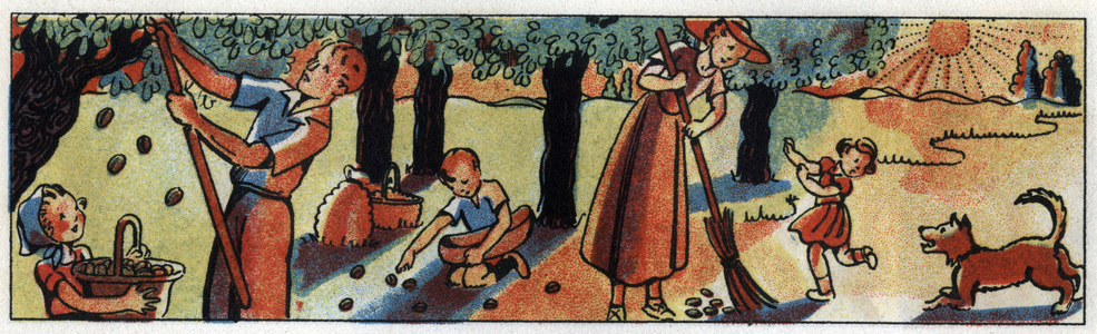 Une famille a la campagne ramasse les noix tombant des noyers Illustration in ""Methode Boscher"", 1946. Gravure de J. Duche. DR 