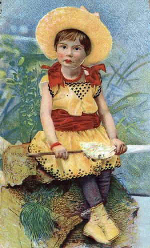 A girl sitting on a rock. She wears a yellow dress with a hat and an umbrella. Chromolithography (Chromo engraving). Private collection.