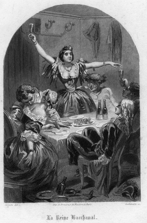 The Bacchanal Queen: a woman toasts with a drink in a place of debauche.