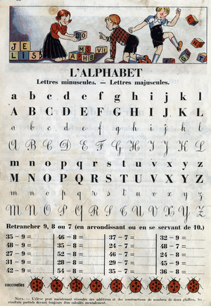 Letters of the alphabet in lowercase and uppercase to learn reading, 1946 (engraving)