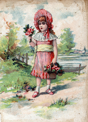 A girl has the countryside with bouquet of flowers. Chromolithography (Chromo engraving). Private collection.