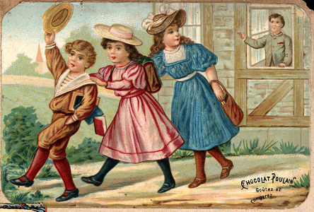 Three children on the way to school. Chromolithography (Chromo engraving). Private collection.