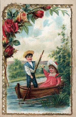 A young girl and a boy in a sailor's suit on a boat in a river. Engraving surrounded by roses. Chromolithography (Chromo). Private collection.