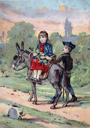 A girl with flowers sitting on a donkey guides by a boy on a country path. Chromolithography (Chromo engraving). Private collection.