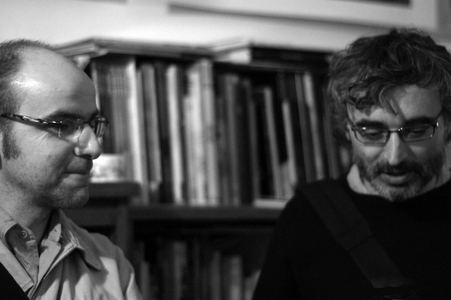 Portrait of Lewis Trondheim and David B., cartoonists and author of drawing strips. Photography 2007.