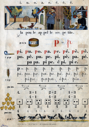 Page de livre avec la lettre de l'alphabet P pour apprendre la lecture et l'ecriture (lire et ecrire) et excercices de mathematiques pour apprendre le calcul en faisant des additions et des soustractions. Illustration in ""Methode Boscher"", 1946. Gravure de J. Duche. DR 
