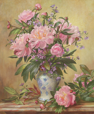 Vase of Peonies and Canterbury Bells (oil on canvas)
