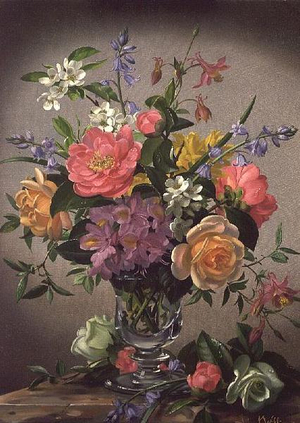 Glass vase with roses, azaleas and bluebells (oil on canvas)