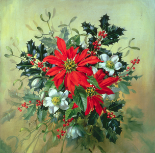 A Christmas arrangement with holly, mistletoe and other winter flowers (print)