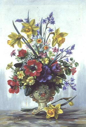 AB/212 Anemones, narcissi and daffodils in a yellow vase
