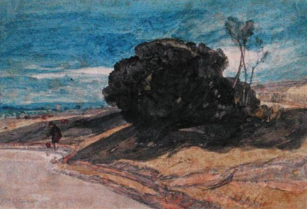 An Angler on a River Bank near a Clump of Trees (w/c on paper)