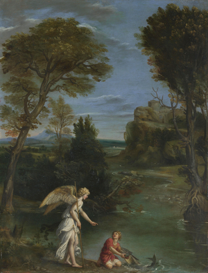 Landscape with Tobias laying hold of the Fish, c.1610-13 (oil on copper)