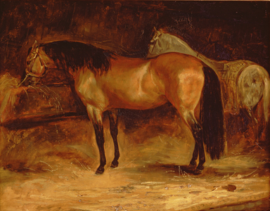 A Bay Horse at a manger, with a grey horse in a rug (oil on canvas)