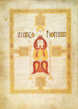 Lat 9389 f.18v Symbol of Matthew, `Imago Hominus', Lindisfarne, from the Echternach Gospel Book, c.700