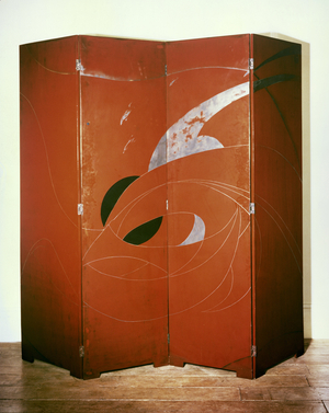 La Destin, screen with abstract design, figural design on reverse side by Eileen Gray (1879-1976), c.1923 (deep red lacquer)