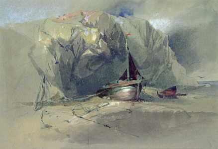 A Fishing Smack and a Small Boat drawn up on the Shore Beneath a Rocky Cliff, 19th century