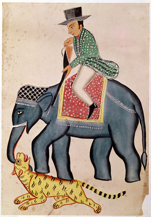 An Englishman Shooting a Tiger from an Elephant,  Calcutta, c.1830 (w/c)