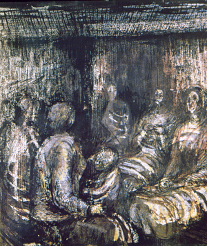 Five Women and a Child in Shelter, Page 35 from the Bunker Sketchbook, 1940-41 (pencil, crayon, watercolour and pen & ink on paper)