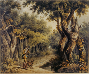 Forest Scene with Woodman and Dog (w/c on paper)