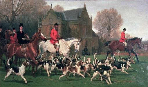Countess Spencer on the hunter 'Goldfinch' and John Poyntz, 5th Earl Spencer on 'Misrule', with the Pytchley Hunt