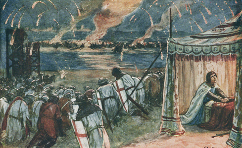 The Saracens Casting Greek Fire into the Camp of King Louis, illustration from 'The Crusaders: A Story of the War for the Holy Sepulchre' published 1912 (colour litho)