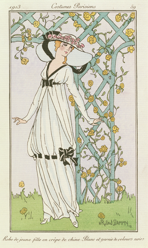 "Journal des Dames et des Modes": robe de jeune fille en crepe de chine by H.Robert Dammy, 1913