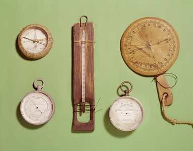 Scott's compass, thermometer, sundial, barometer and altitude scale used on Antarctic expedition, 1910-12