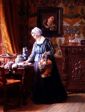 Preparing for dinner (oil on panel)