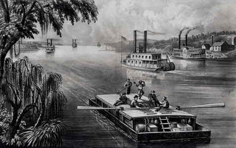 Bound Down the River, pub. by Currier and Ives, 1870 (litho) (b&w photo)